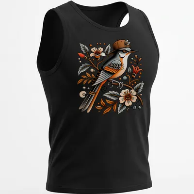 Colorful illustration of a bird wearing a snapback hat surrounded by floral designs — printed on a tank top