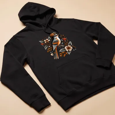 Colorful illustration of a bird wearing a snapback hat surrounded by floral designs — printed on a unisex hoodie