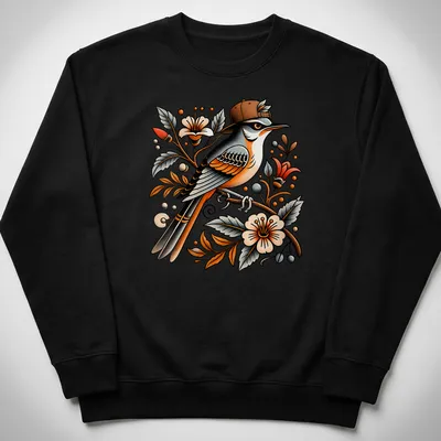 Colorful illustration of a bird wearing a snapback hat surrounded by floral designs — printed on a unisex sweatshirt