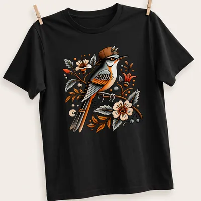 Colorful illustration of a bird wearing a snapback hat surrounded by floral designs