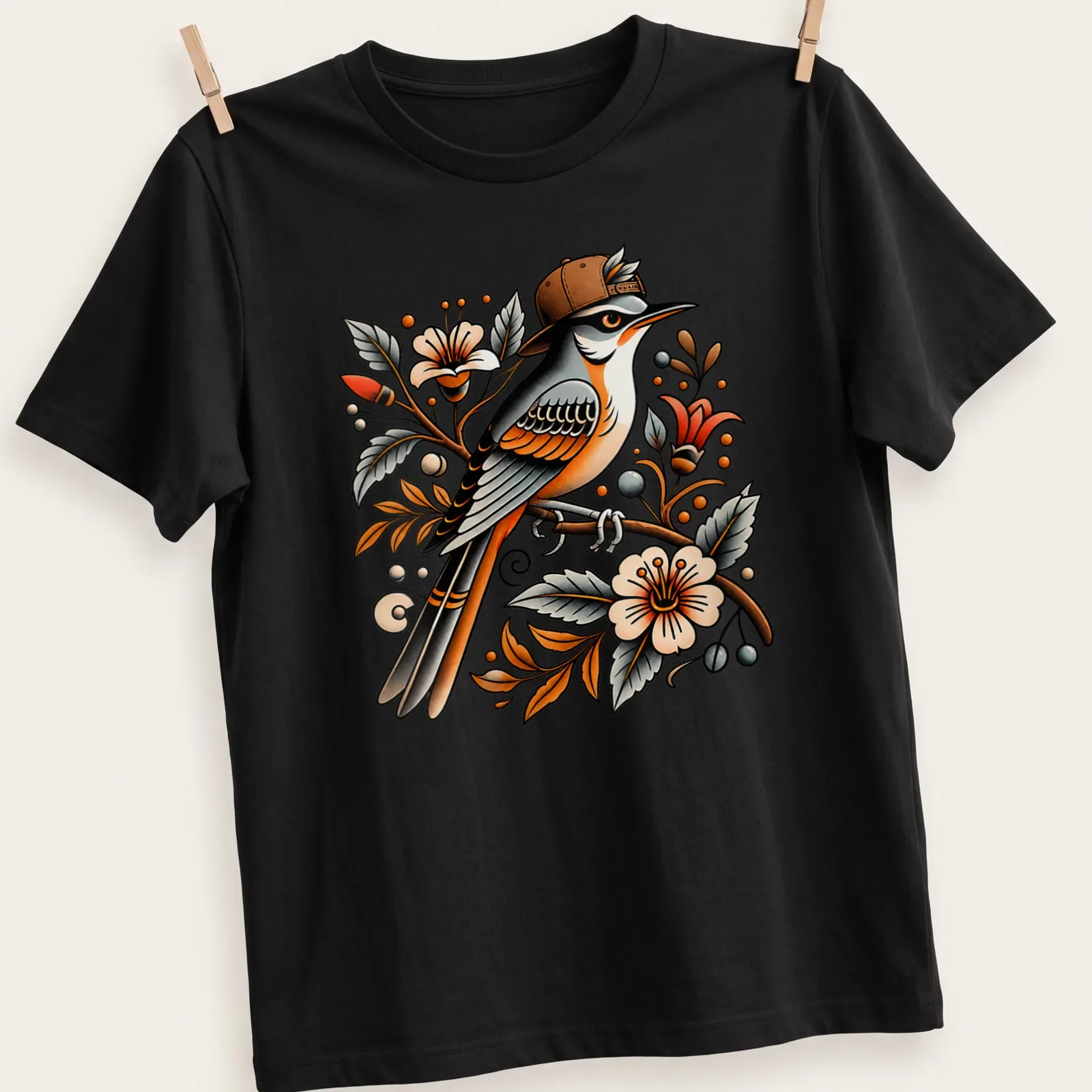 Colorful illustration of a bird wearing a snapback hat surrounded by floral designs — printed on a unisex t-shirt