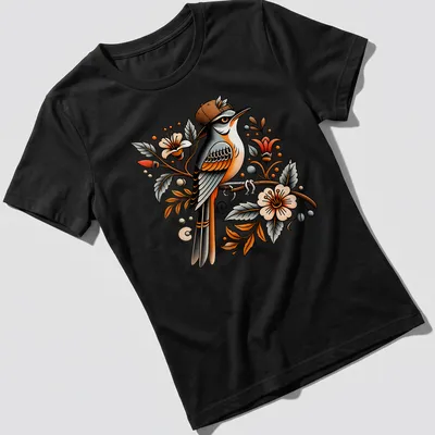 Colorful illustration of a bird wearing a snapback hat surrounded by floral designs — printed on a women's shirt