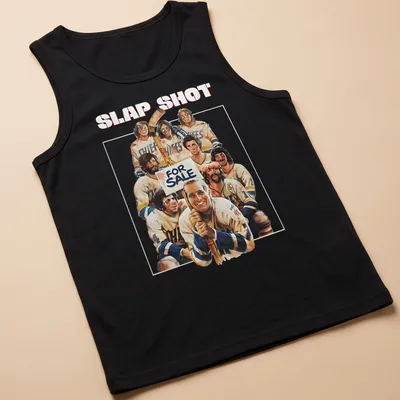 Vintage style shirt with 'SLAP SHOT FOR SALE' text and hockey player graphics. — printed on a tank top