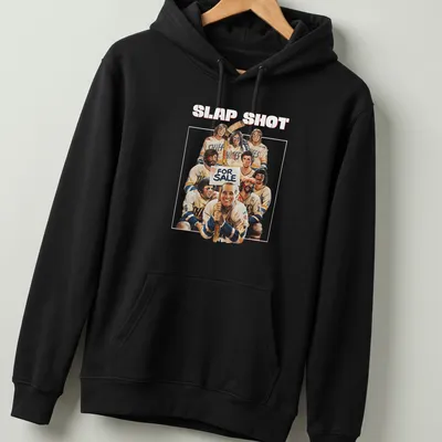 Vintage style shirt with 'SLAP SHOT FOR SALE' text and hockey player graphics. — printed on a unisex hoodie