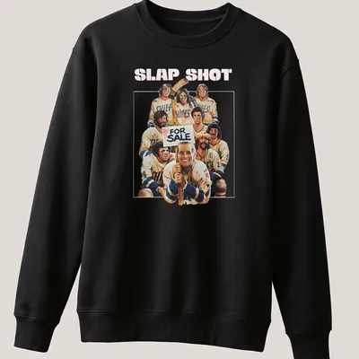 Vintage style shirt with 'SLAP SHOT FOR SALE' text and hockey player graphics. — printed on a unisex sweatshirt