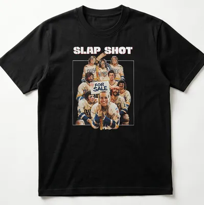 Vintage style shirt with 'SLAP SHOT FOR SALE' text and hockey player graphics.