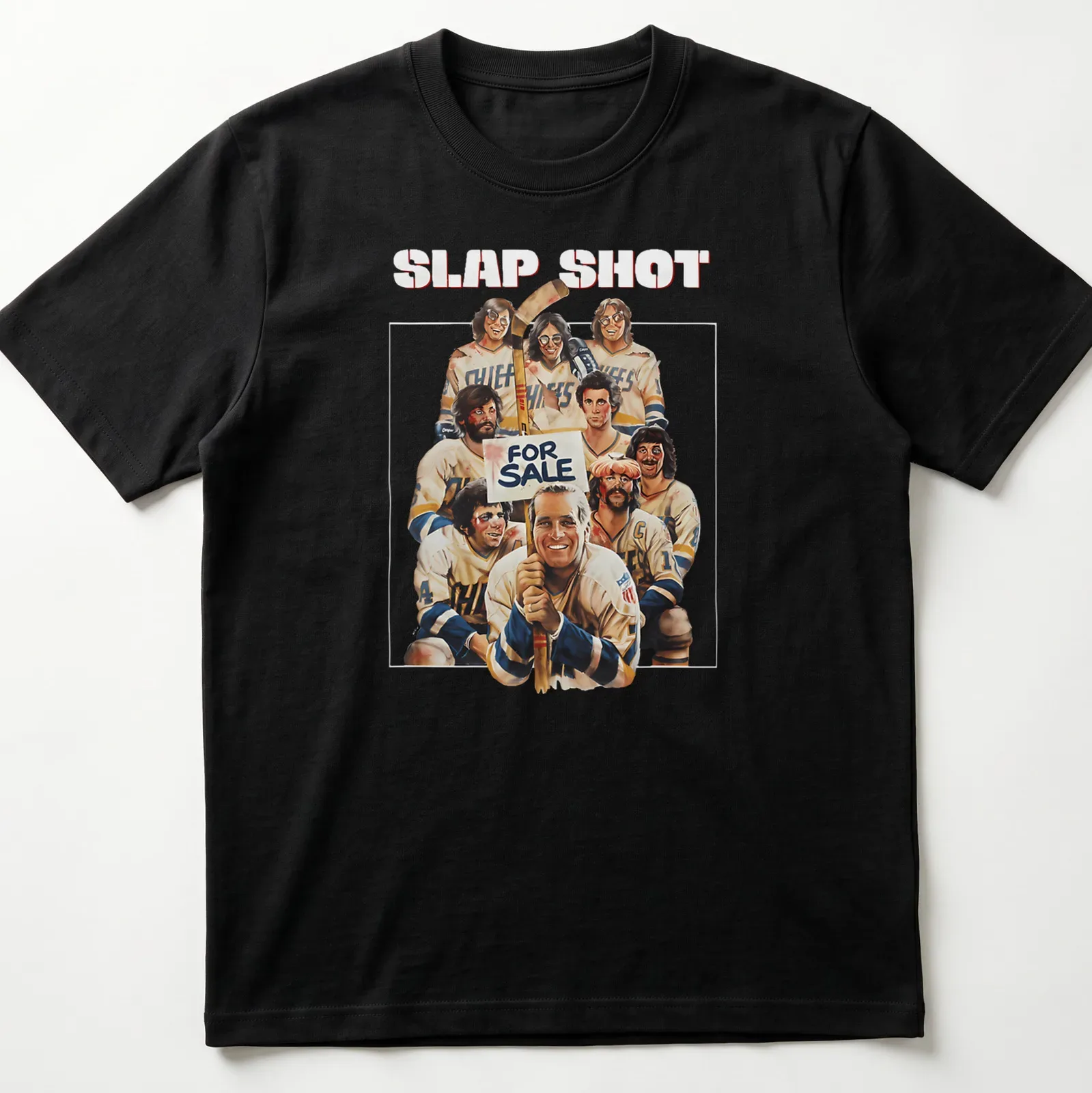 Vintage style shirt with 'SLAP SHOT FOR SALE' text and hockey player graphics. — printed on a unisex t-shirt