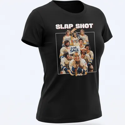 Vintage style shirt with 'SLAP SHOT FOR SALE' text and hockey player graphics. — printed on a women's shirt