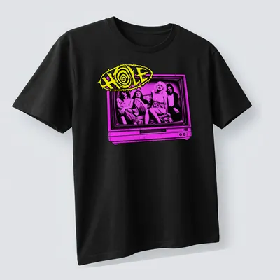 Retro pop art design featuring Hole band members in nostalgic colors — printed on a unisex t-shirt (angled view)