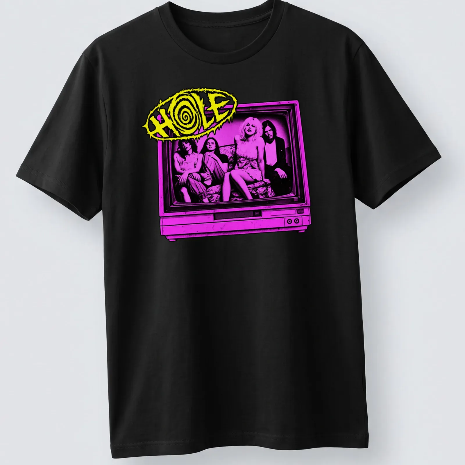 Retro pop art design featuring Hole band members in nostalgic colors — printed on a unisex t-shirt