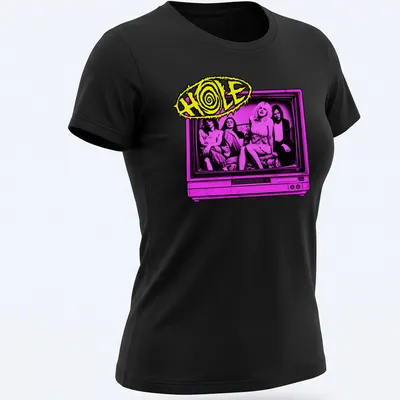 Retro pop art design featuring Hole band members in nostalgic colors — printed on a women's shirt