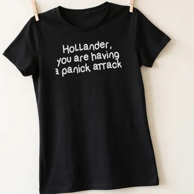 Playful handwritten panic attack shirt with humorous text in white and light gray — printed on a women's shirt