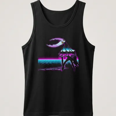 Silhouette of Hollow Knight character in synthwave style with purple, cyan, and white colors. — printed on a tank top