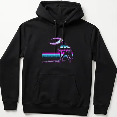 Silhouette of Hollow Knight character in synthwave style with purple, cyan, and white colors. — printed on a unisex hoodie
