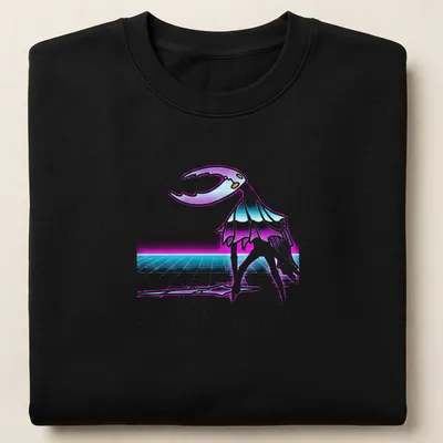 Silhouette of Hollow Knight character in synthwave style with purple, cyan, and white colors. — printed on a unisex sweatshirt