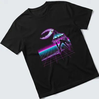 Silhouette of Hollow Knight character in synthwave style with purple, cyan, and white colors.