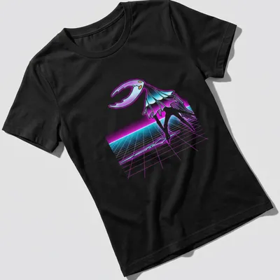 Silhouette of Hollow Knight character in synthwave style with purple, cyan, and white colors. — printed on a women's shirt