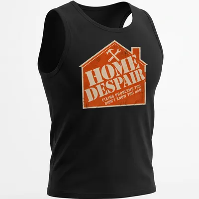 Vintage distressed shirt featuring a humorous design about home repairs with tools and text. — printed on a tank top