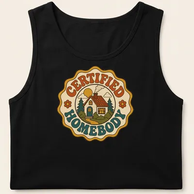 Retro groovy shirt featuring 'CERTIFIED HOMEBODY' text with a house illustration. — printed on a tank top