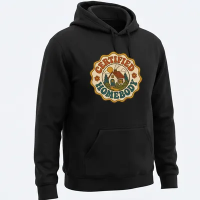 Retro groovy shirt featuring 'CERTIFIED HOMEBODY' text with a house illustration. — printed on a unisex hoodie