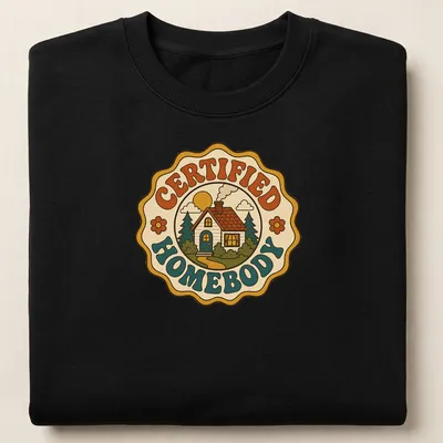Retro groovy shirt featuring 'CERTIFIED HOMEBODY' text with a house illustration. — printed on a unisex sweatshirt
