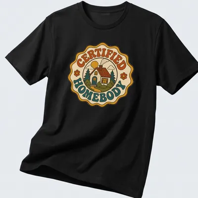 Retro groovy shirt featuring 'CERTIFIED HOMEBODY' text with a house illustration.