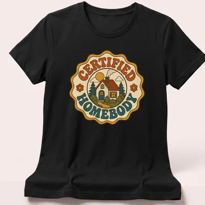 Retro groovy shirt featuring 'CERTIFIED HOMEBODY' text with a house illustration. — printed on a women's shirt