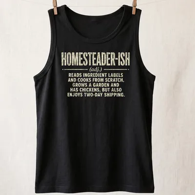 Vintage distressed shirt with humorous homesteader definition text — printed on a tank top