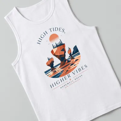 Abstract geometric print of Hopewell Rocks with vibrant colors and text — printed on a tank top