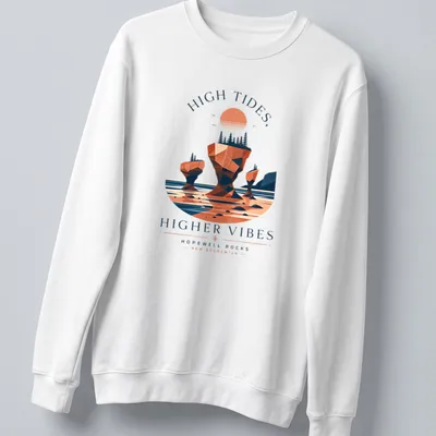 Abstract geometric print of Hopewell Rocks with vibrant colors and text — printed on a unisex sweatshirt