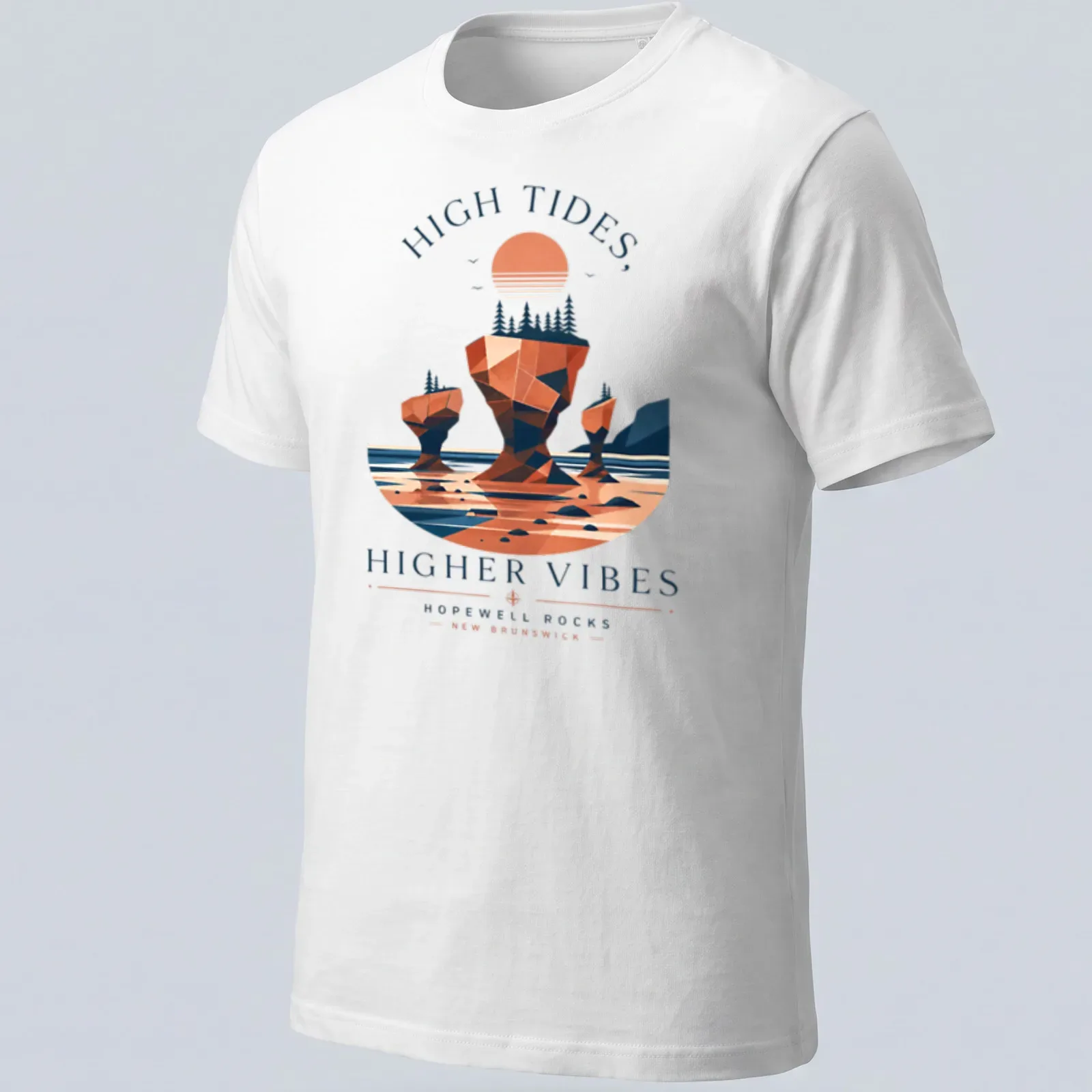 Abstract geometric print of Hopewell Rocks with vibrant colors and text — printed on a unisex t-shirt