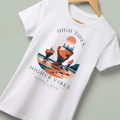 Abstract geometric print of Hopewell Rocks with vibrant colors and text — printed on a women's shirt