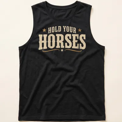 Western vintage shirt with humorous text and horse graphics — printed on a tank top