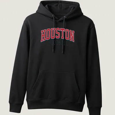 Vintage retro Houston Football t-shirt in red, white, and black colors — printed on a unisex hoodie