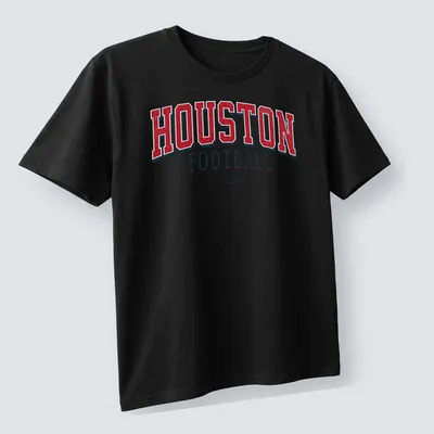 Vintage retro Houston Football t-shirt in red, white, and black colors — printed on a unisex t-shirt (angled view)