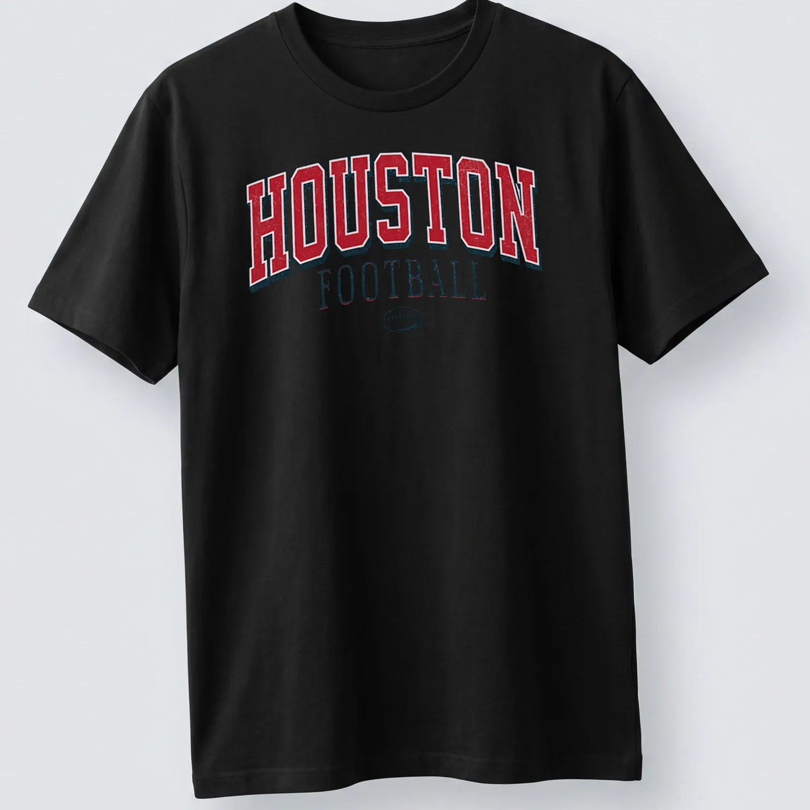 Vintage retro Houston Football t-shirt in red, white, and black colors — printed on a unisex t-shirt