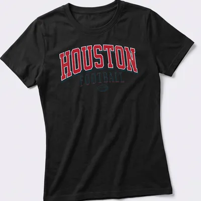 Vintage retro Houston Football t-shirt in red, white, and black colors — printed on a women's shirt