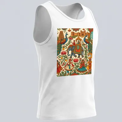 Colorful doodle illustration of an elephant with dancers and peacocks for a festival theme — printed on a tank top