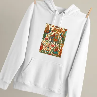 Colorful doodle illustration of an elephant with dancers and peacocks for a festival theme — printed on a unisex hoodie
