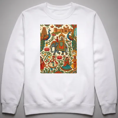 Colorful doodle illustration of an elephant with dancers and peacocks for a festival theme — printed on a unisex sweatshirt