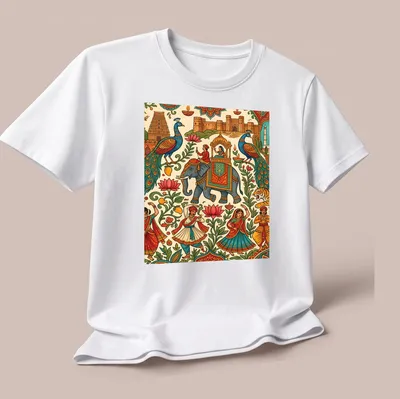 Colorful doodle illustration of an elephant with dancers and peacocks for a festival theme — printed on a unisex t-shirt (angled view)