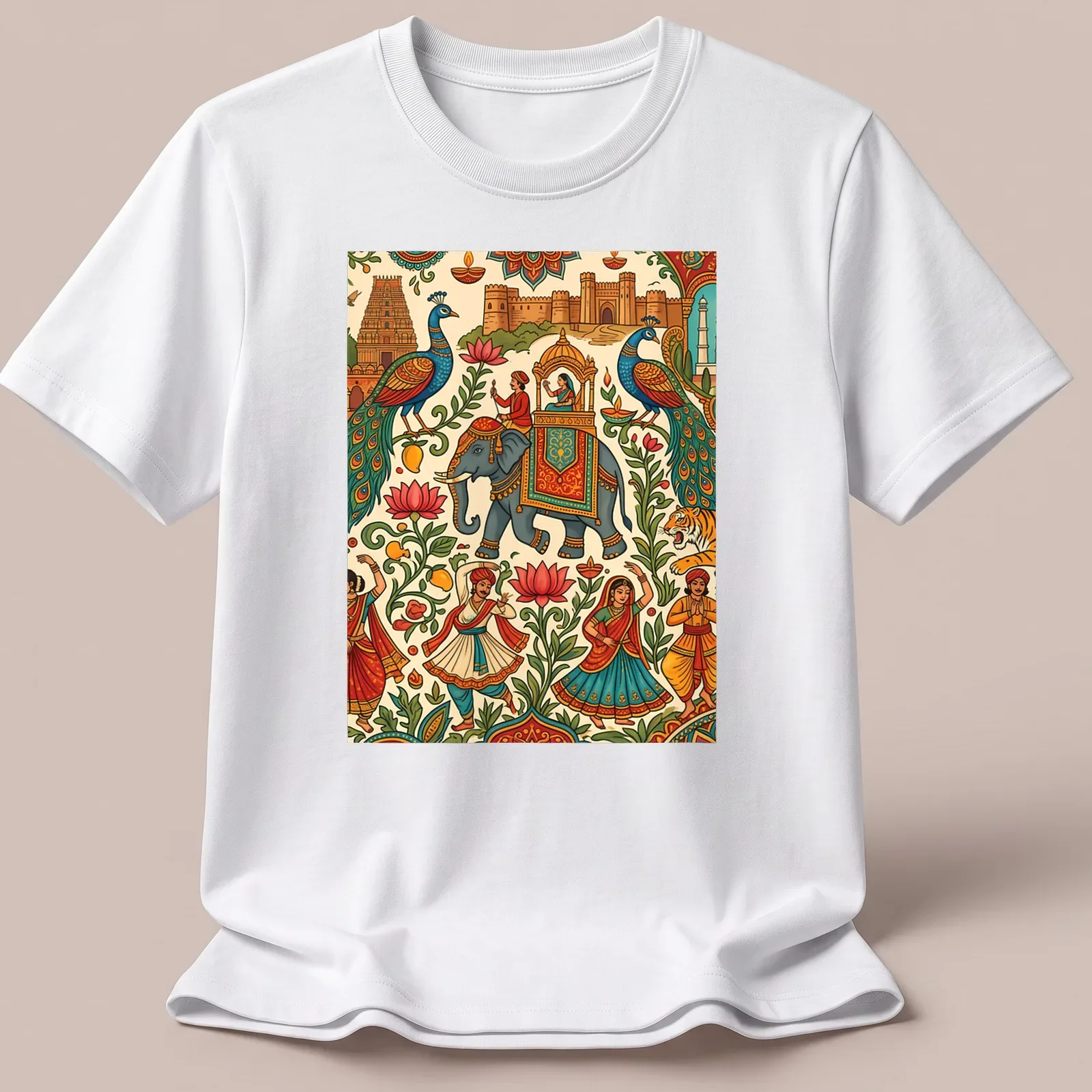 Colorful doodle illustration of an elephant with dancers and peacocks for a festival theme — printed on a unisex t-shirt