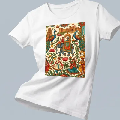 Colorful doodle illustration of an elephant with dancers and peacocks for a festival theme — printed on a women's shirt