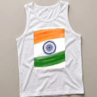 Doodle illustration of Indian flag with wheel symbol in orange, white, green, and blue. — printed on a tank top