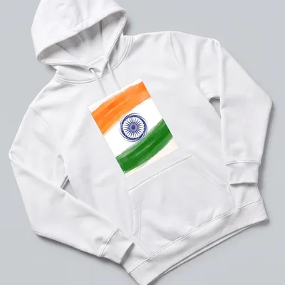 Doodle illustration of Indian flag with wheel symbol in orange, white, green, and blue. — printed on a unisex hoodie