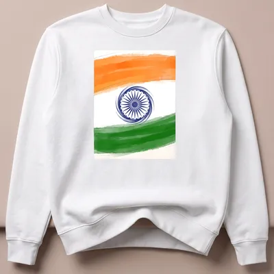 Doodle illustration of Indian flag with wheel symbol in orange, white, green, and blue. — printed on a unisex sweatshirt