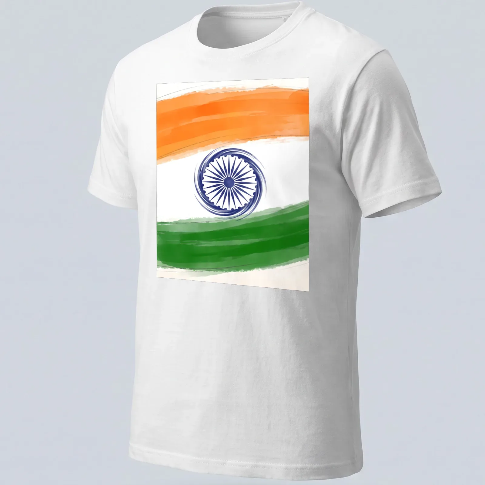 Doodle illustration of Indian flag with wheel symbol in orange, white, green, and blue. — printed on a unisex t-shirt
