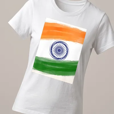 Doodle illustration of Indian flag with wheel symbol in orange, white, green, and blue. — printed on a women's shirt