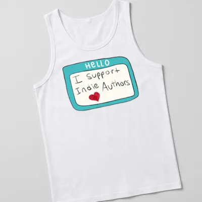 Playful name tag design with text 'I Support Indie Authors' in turquoise and red — printed on a tank top