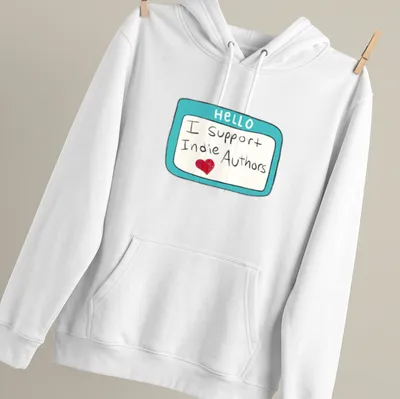 Playful name tag design with text 'I Support Indie Authors' in turquoise and red — printed on a unisex hoodie